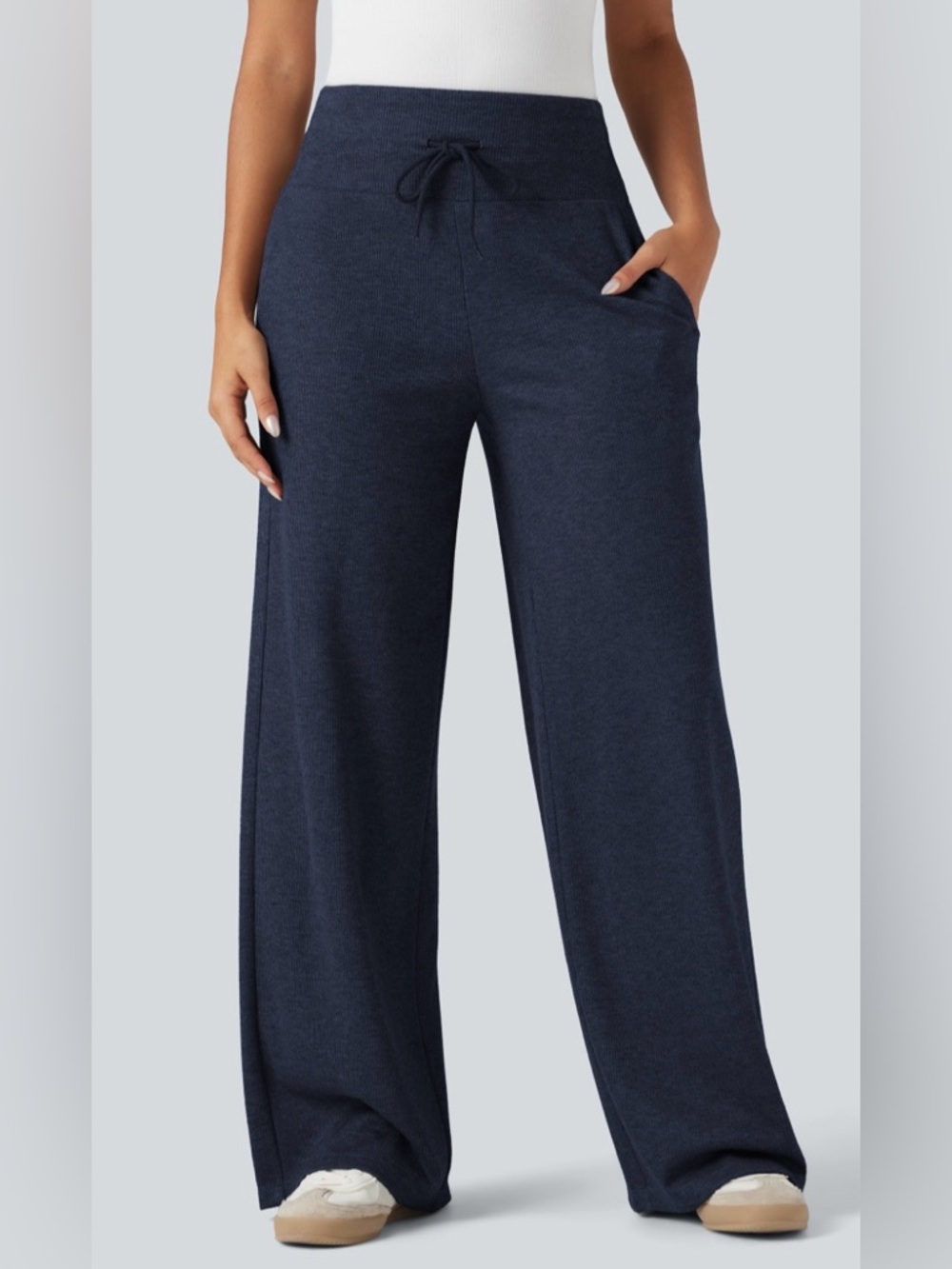 HALARA Ribbed Knit High Waisted Tummy Control Drawstring Casual Wide Leg Pants